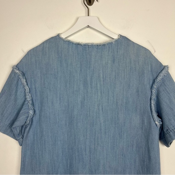Zara Trafaluc Collection Chambray Short Sleeve Raw Hem High Low Denim Dress - Picture 5 of 7